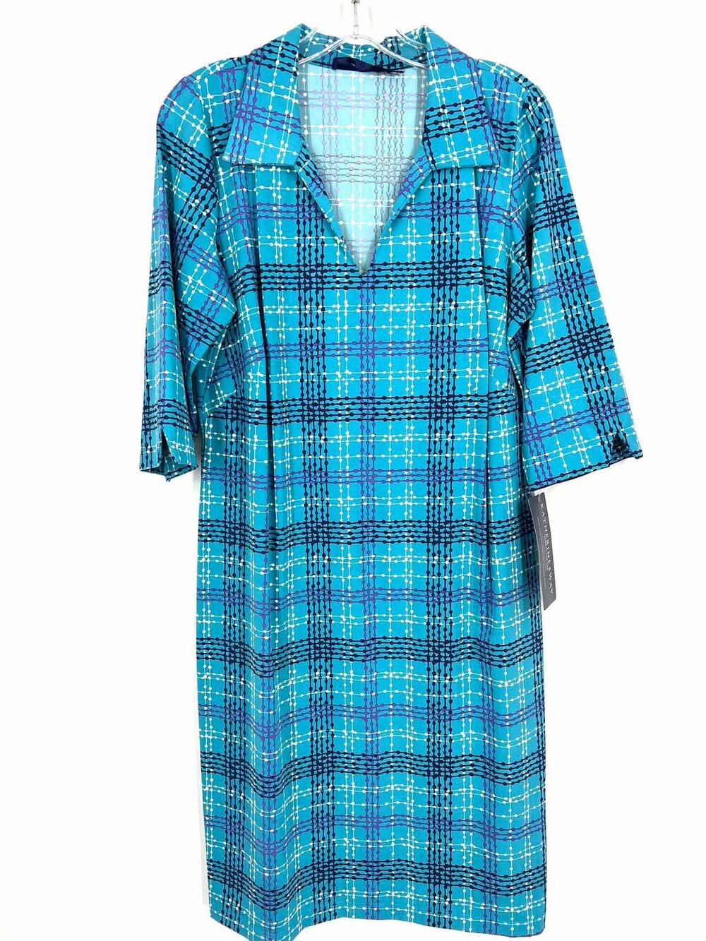 Katherine Way Size L Teal/Navy Collared Print NEW Designer Dress
